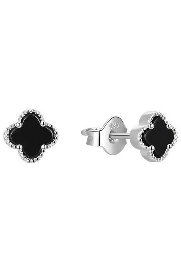 Solid 925 Sterling Silver Black Onyx Clover Studs