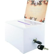 Donation Ballot Box with Lock - Suggestion Box with Sign Holder for Business Cards/Tips Jars/Sweepstakes Boxes (White)