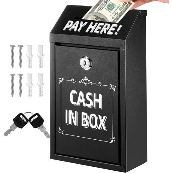 Donation Box with Lock,Safe Metal Drop Box with Lock and Slot,Black Key Drop Box for Outside,Self Serve Stand,Collection Box,Wall Mounted,Steel Drop Box for Business Office Outdoor