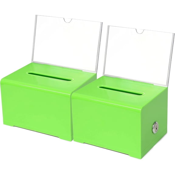 Donation Collection Ballot Box Ticket & Drawing Voting or Comment Box office and fundraising suggestion box 6.25 x 4.75 x 4 inch Box Display Sign Holder 4 x 6 inch with Lock and keys2 Pack Green