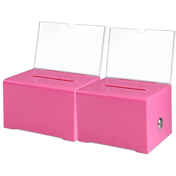 Donation Collection Ballot Box Ticket & Drawing Voting or Comment Box office and fundraising suggestion box 6.25 x 4.75 x 4 inch Box Display Sign Holder 4 x 6 inch with Lock and keys2 Pack Pink