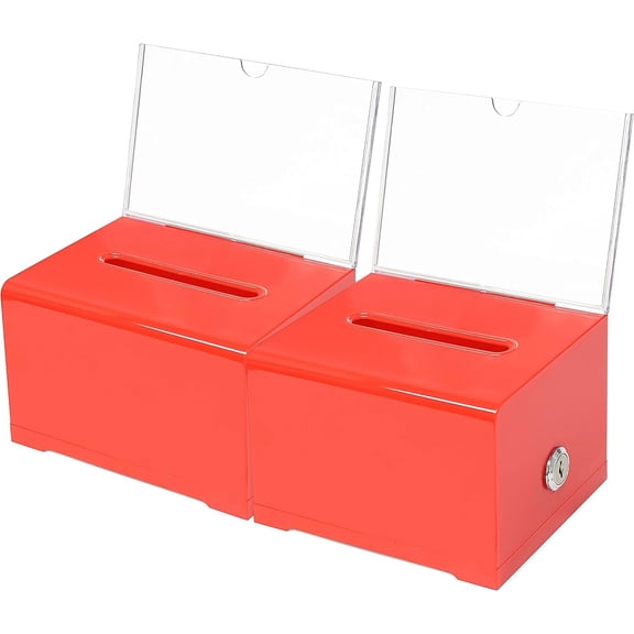 Donation Collection Ballot Box Ticket & Drawing Voting or Comment Box office and fundraising suggestion box 6.25 x 4.75 x 4 inch Box Display Sign Holder 4 x 6 inch with Lock and keys2 Pack Red