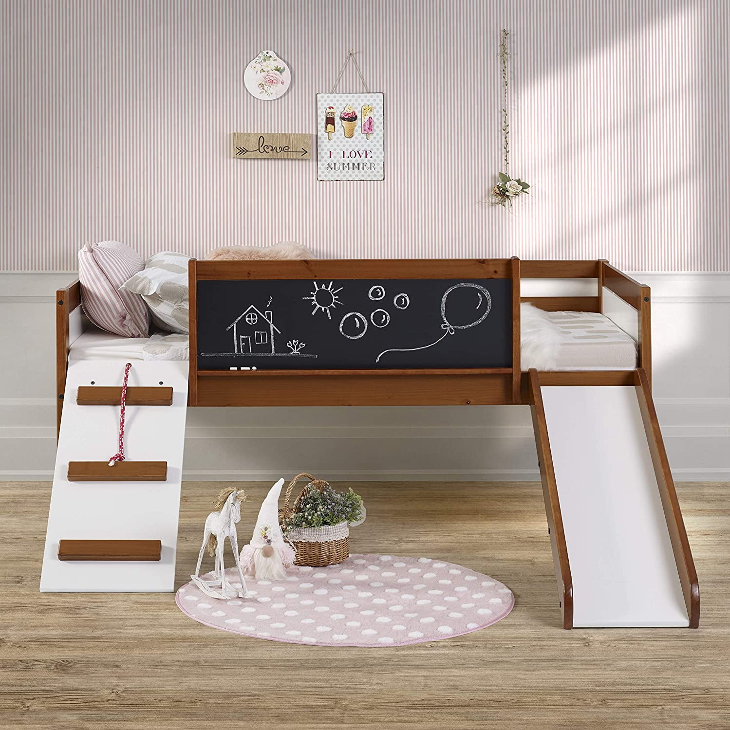 Pine Wood Twin Loft Bed with Slide and Chalkboard, Espresso