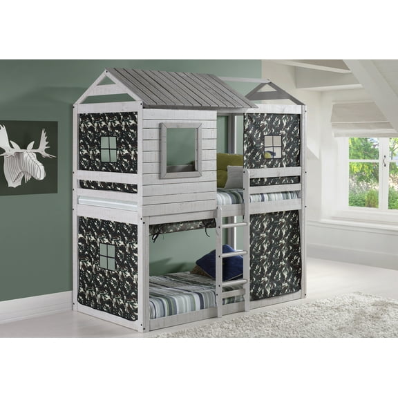 Donco Kids Deer Blind Bunk Loft Bed with Camo Tent, Rustic Grey