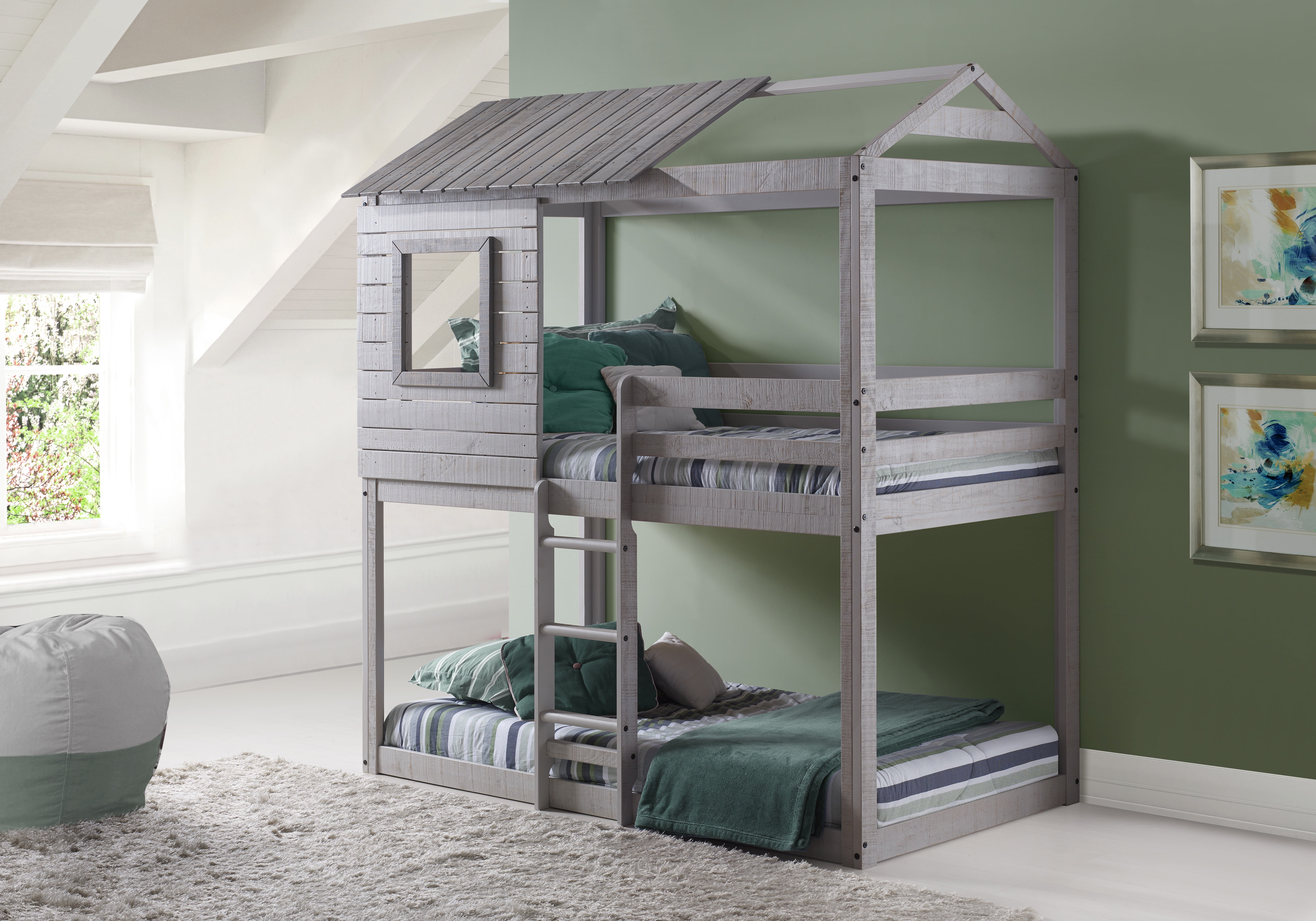 Donco Kids Deer Blind Child Wood Twin-over-Twin Bunk Bed with Roof and Slats Rustic Light Grey