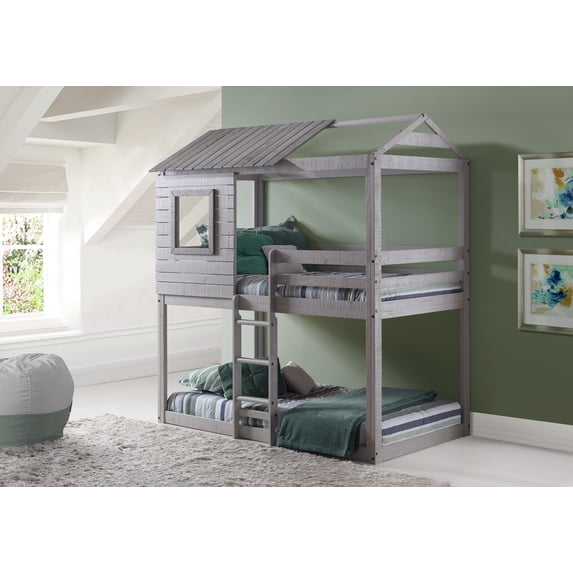 Donco Kids Deer Blind Child Wood Twin-over-Twin Bunk Bed with Roof and Slats Rustic Light Grey