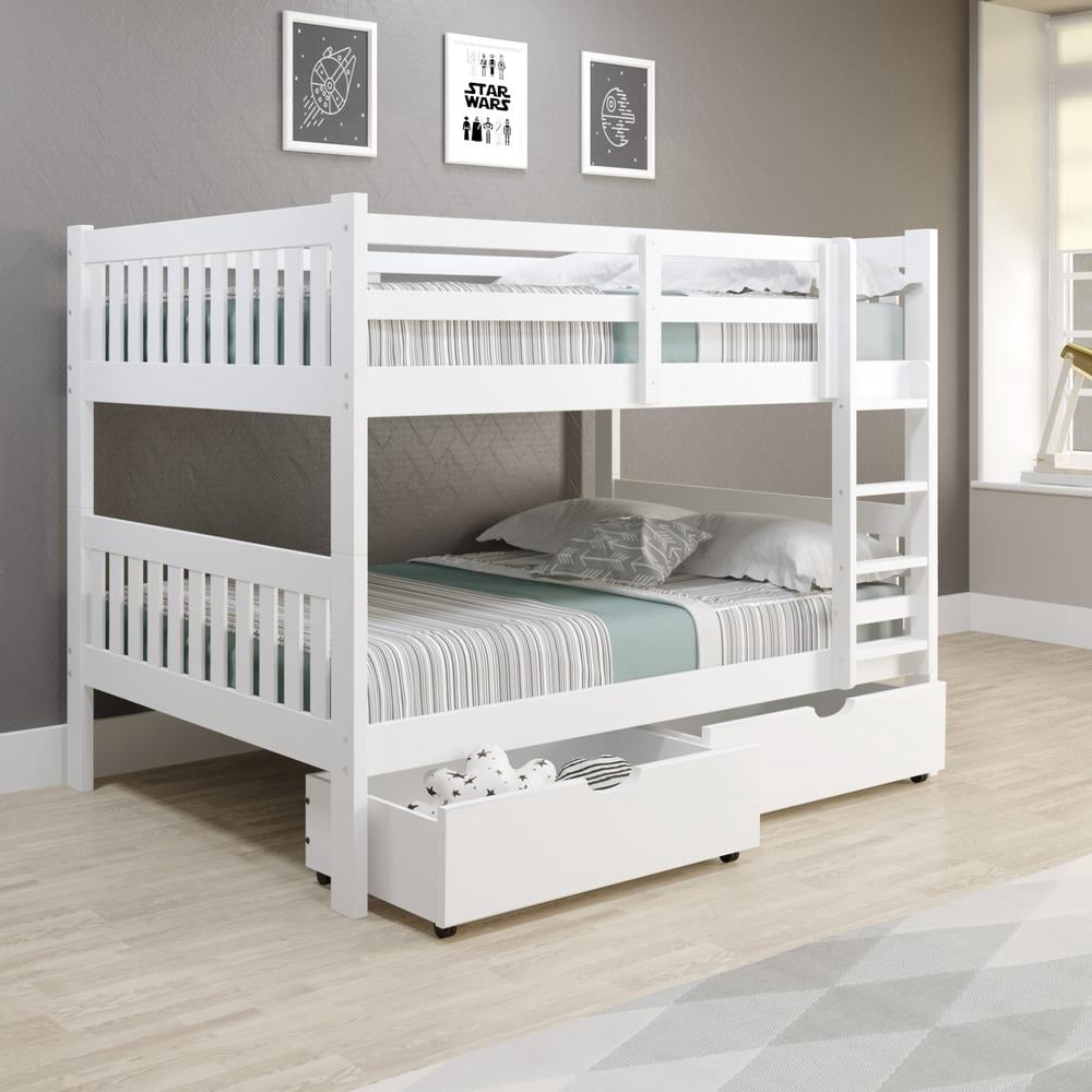 Donco Kids Austin Mission Full over Full White Bunkbed with Dual Underbed Drawers, Full over Full, White