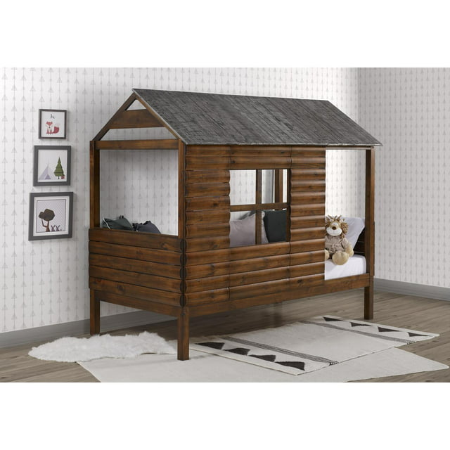 Donco Kids Log Cabin Low Loft Bed Rustic Walnut & Rustic Silver, Twin, Loft Only