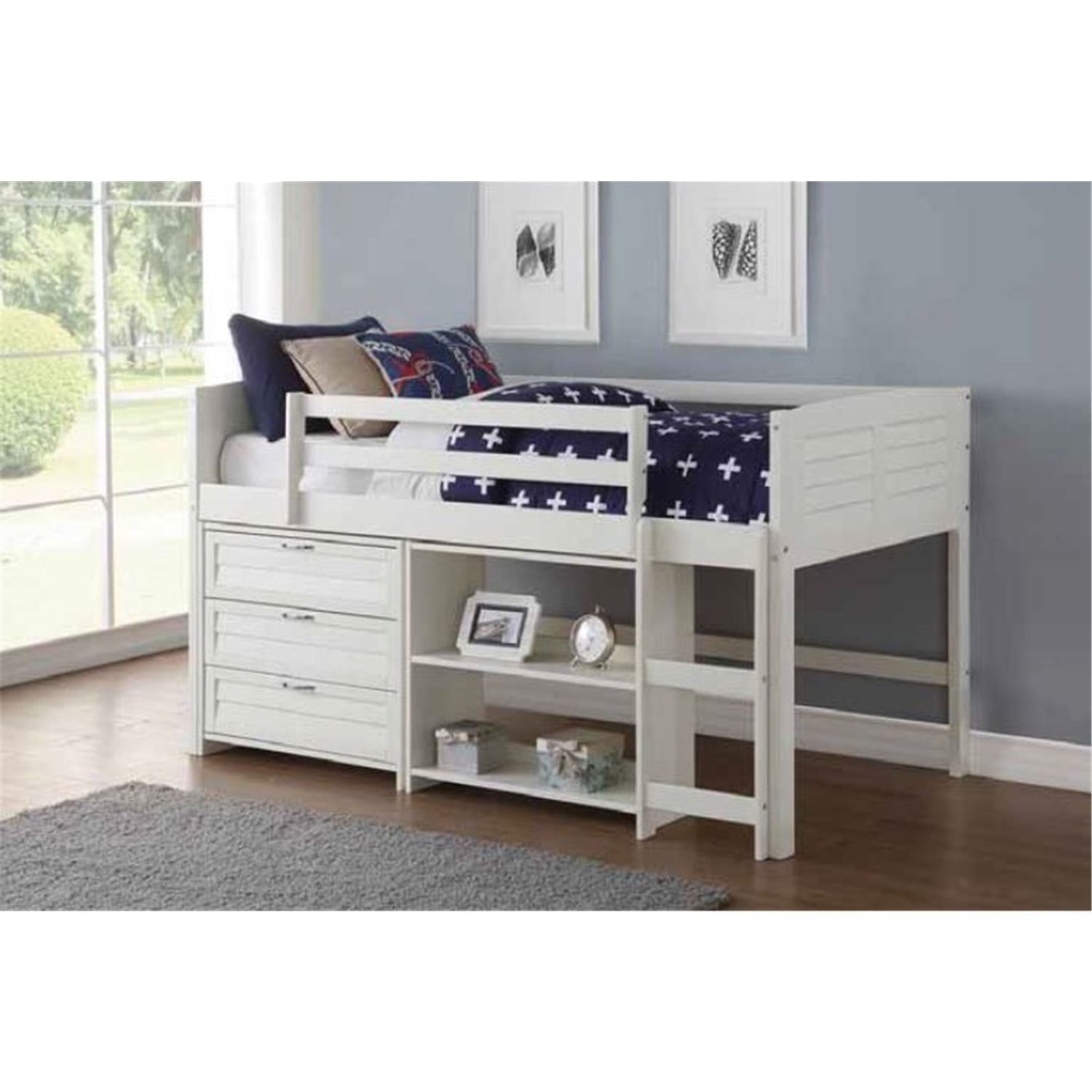 Donco Kids Louver Low Twin Loft Bed Bookcase Style 2 Shelves Large