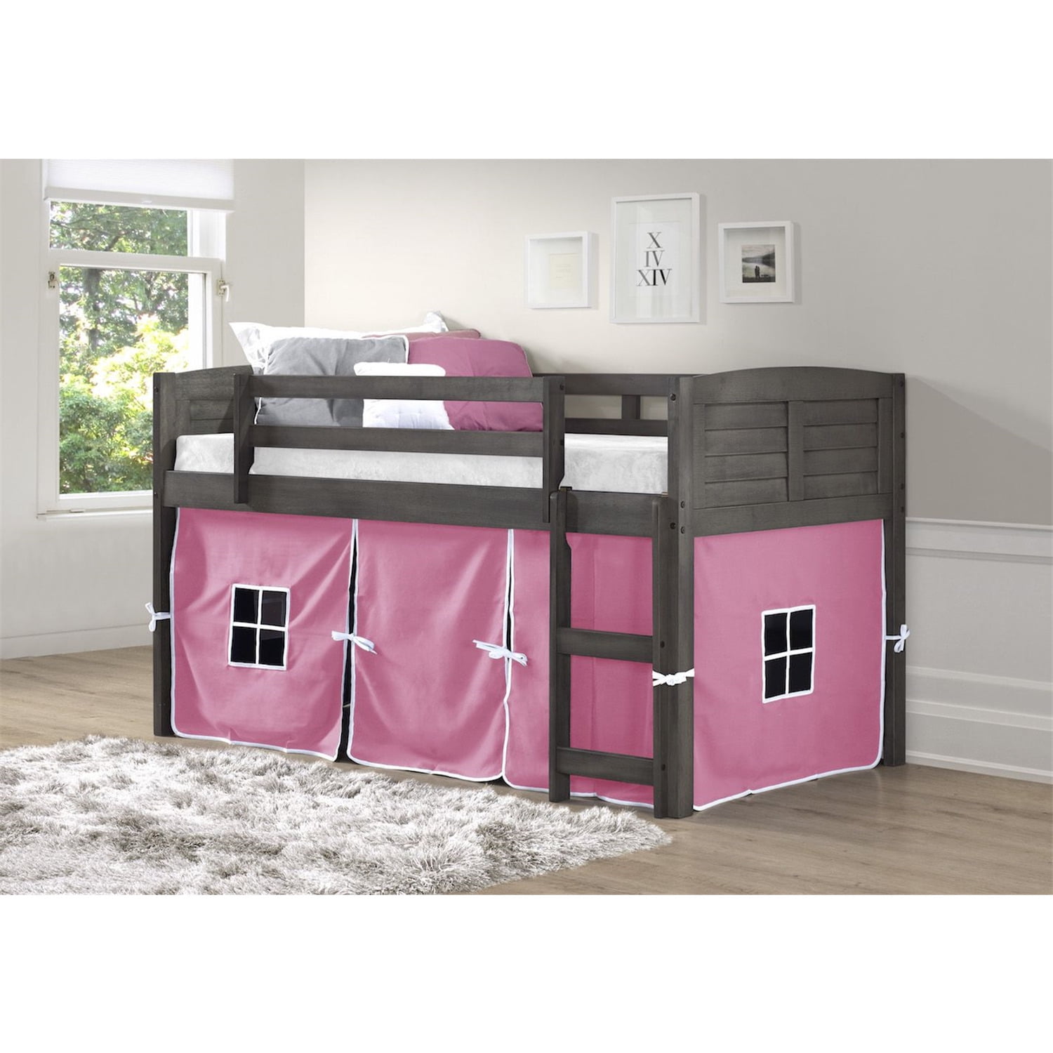 Donco Kids Louver Twin Antique Grey Low Loft Bed with Pink Tent, Twin, Antique Grey