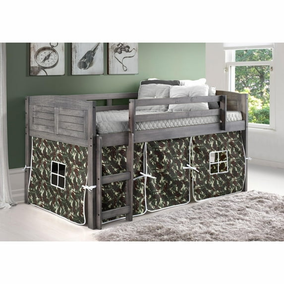Donco Kids Louver Twin White Low Loft Bed with Camo Print Tent, Twin, White