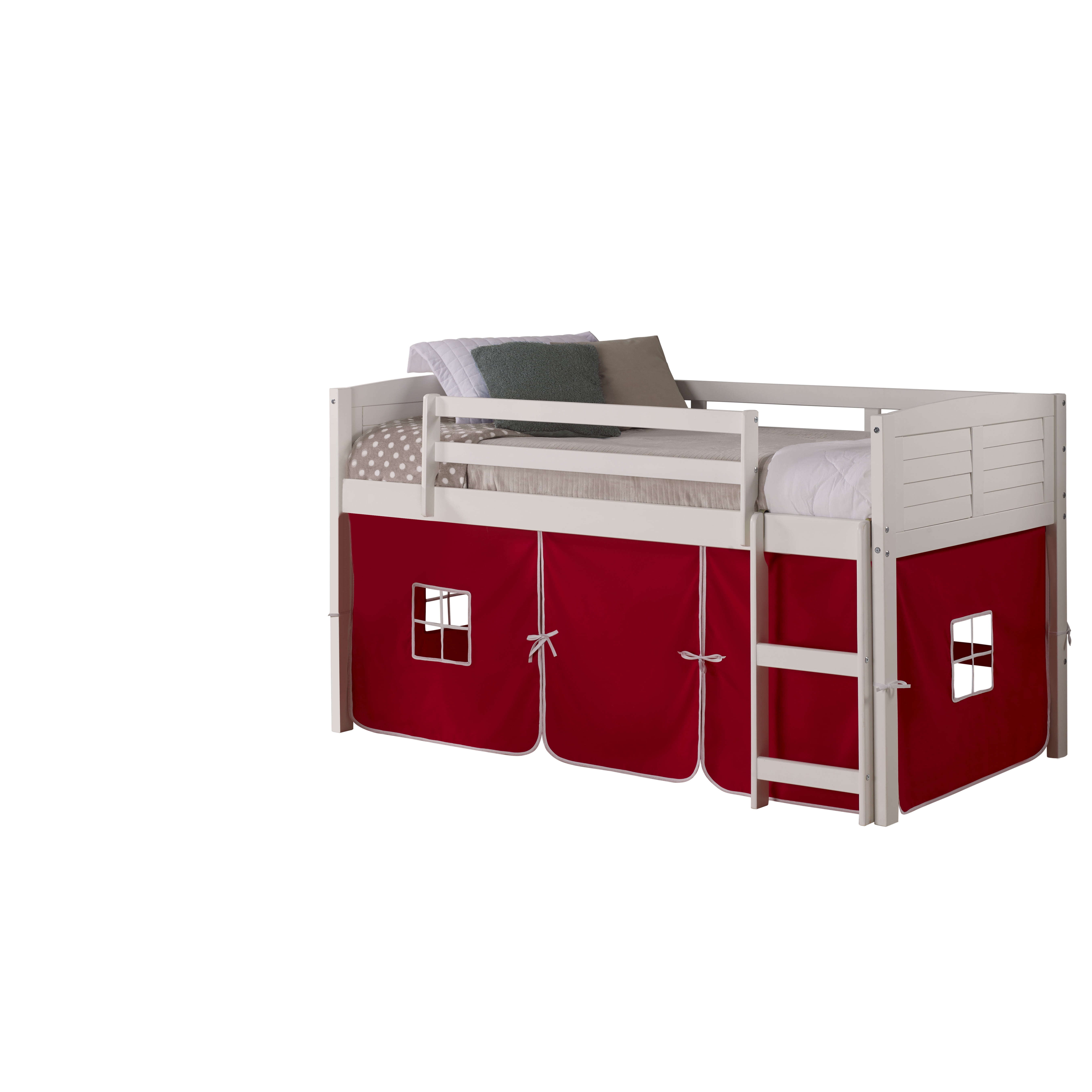 Donco Kids Louver Twin White Low Loft Bed with Red Tent, Twin, White