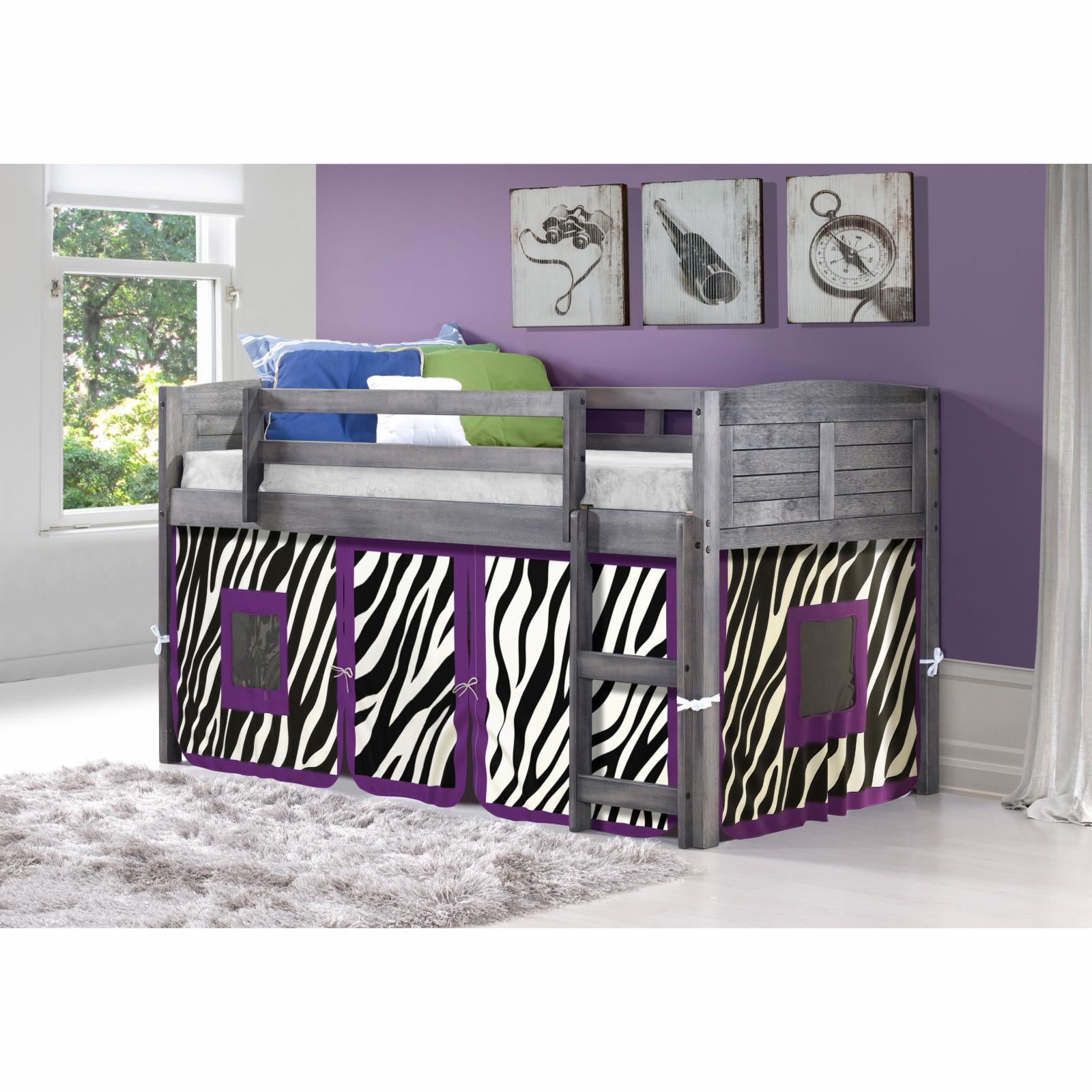 Donco Kids Louver Twin White Low Loft Bed with Zebra Print Tent, Twin, White