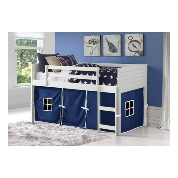 Donco Kids Louvre Low Captain's Loft Pine Wood Twin Bed with Blue Tent, White