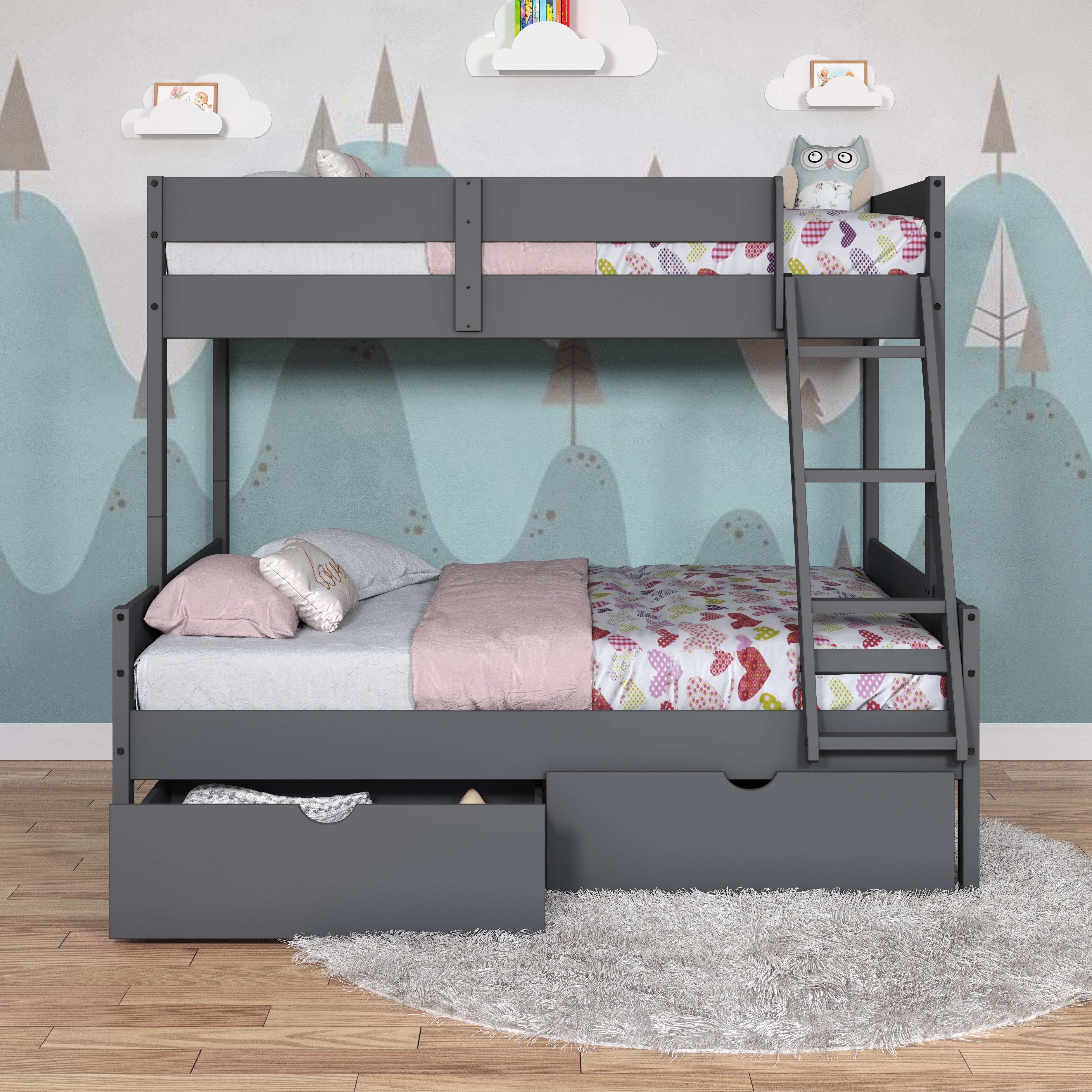 Donco Kids Low Board Panel Twin over Full Bunkbed with Dual Underbed Drawers
