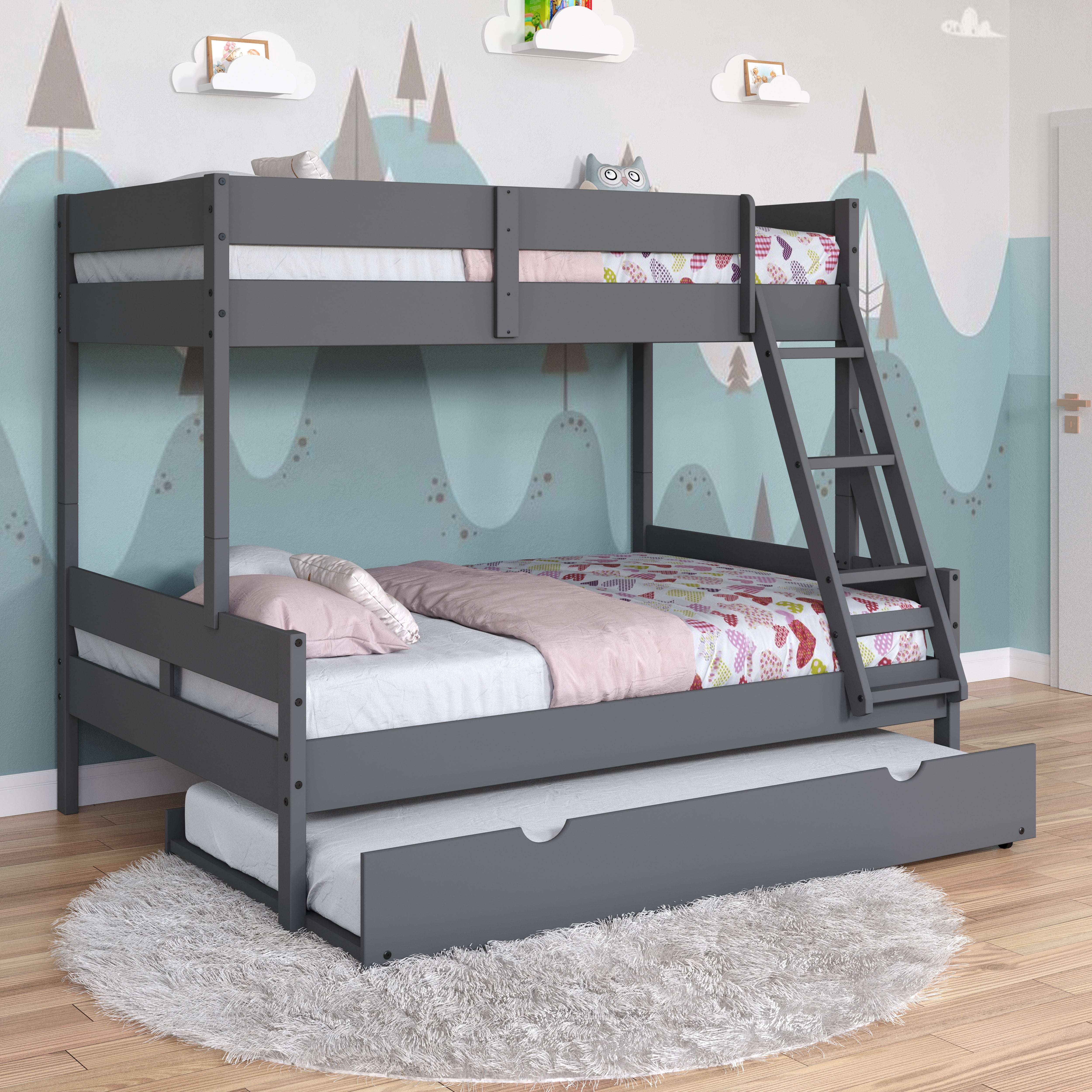 Donco Kids Low Board Panel Twin Over Full Bunkbed with Trundle, Dark Grey