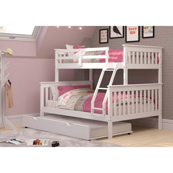 TWIN/FULL MISSION BUNK BED W/TWIN TRUNDLE BED IN WHITE FINISH