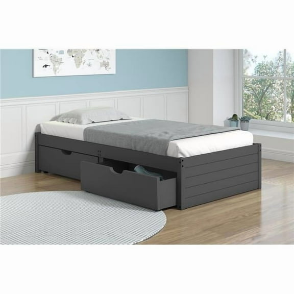 Twin Platform Bed With Dual Under Bed Drawers In Dark Grey Finish