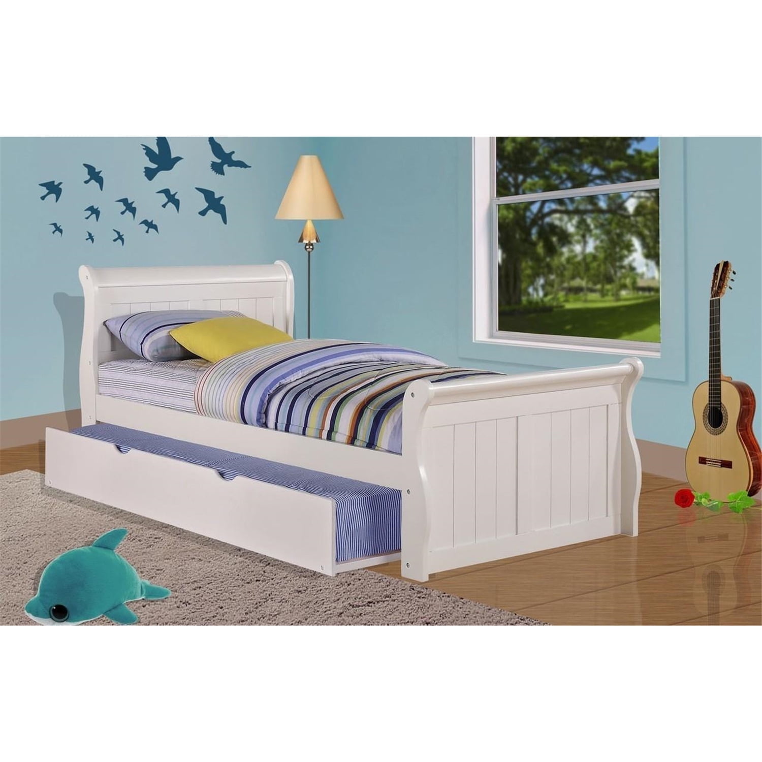 Sophisticated Pine Twin Sleigh Bed Frame with Trundle and Drawer