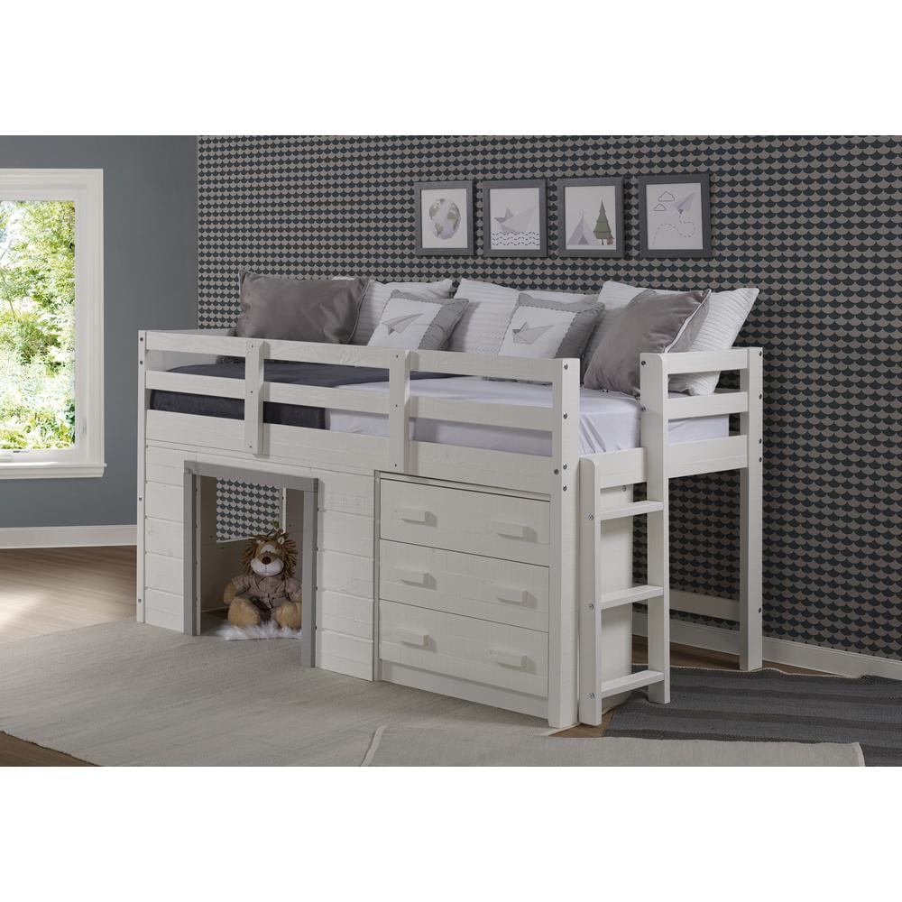Sweet Dreams Twin Low Loft Bed with Drawer in White & Grey Pine