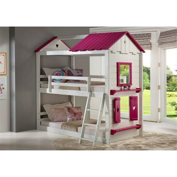 Donco Kids Sweetheart Twin over Twin House Bunkbed, Twin over Twin, White & Pink