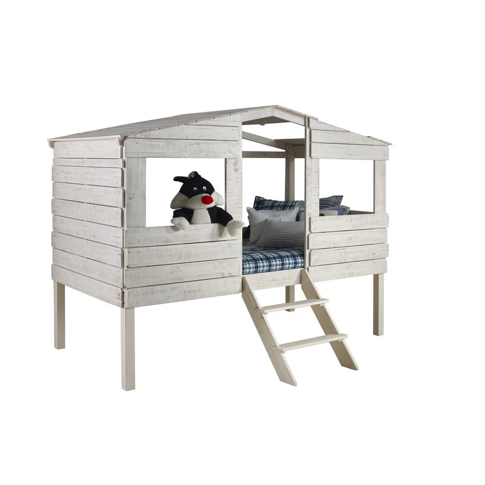 Rustic Sand Twin Loft Bed Frame with Pine Wood Slats