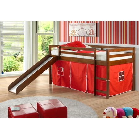 Donco Kids Twin Loft Bed with Red Tent and Slide, Espresso