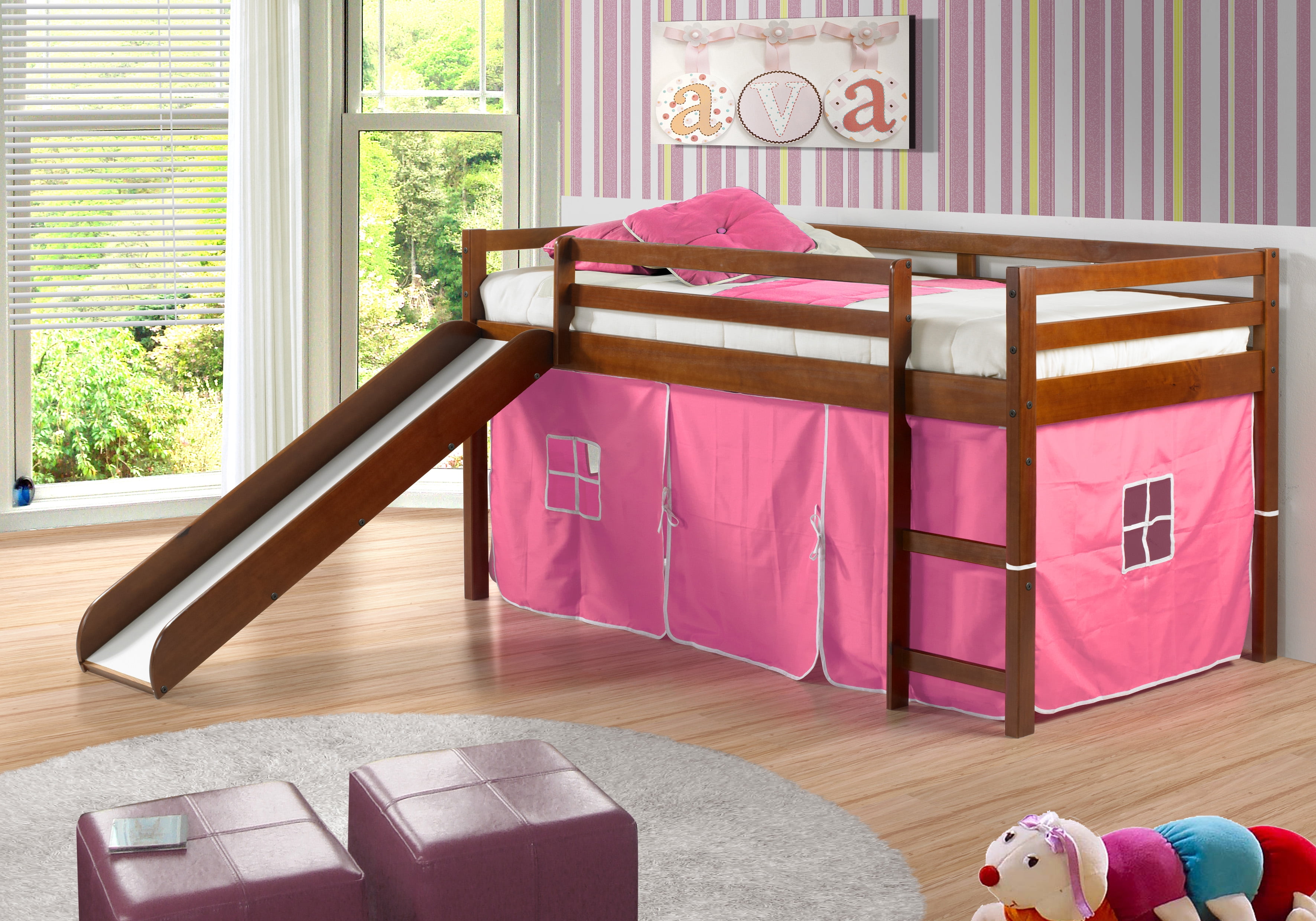 Donco Kids Twin Loft Bed with Slide & Pink Tent, Espresso
