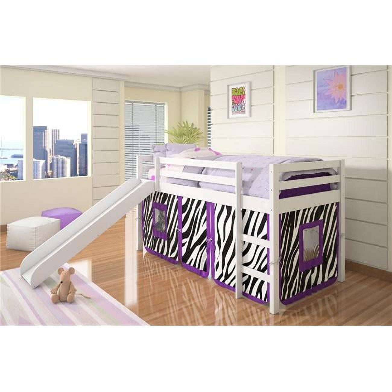 Donco Kids Twin Loft Bed with Zebra Tent and Slide, White