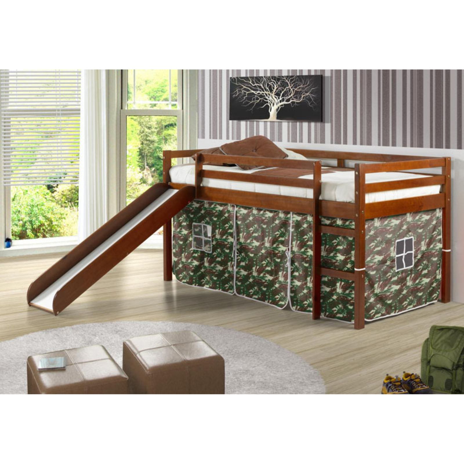 Espresso Twin Pine Loft Bed with Camo Tent and Slide