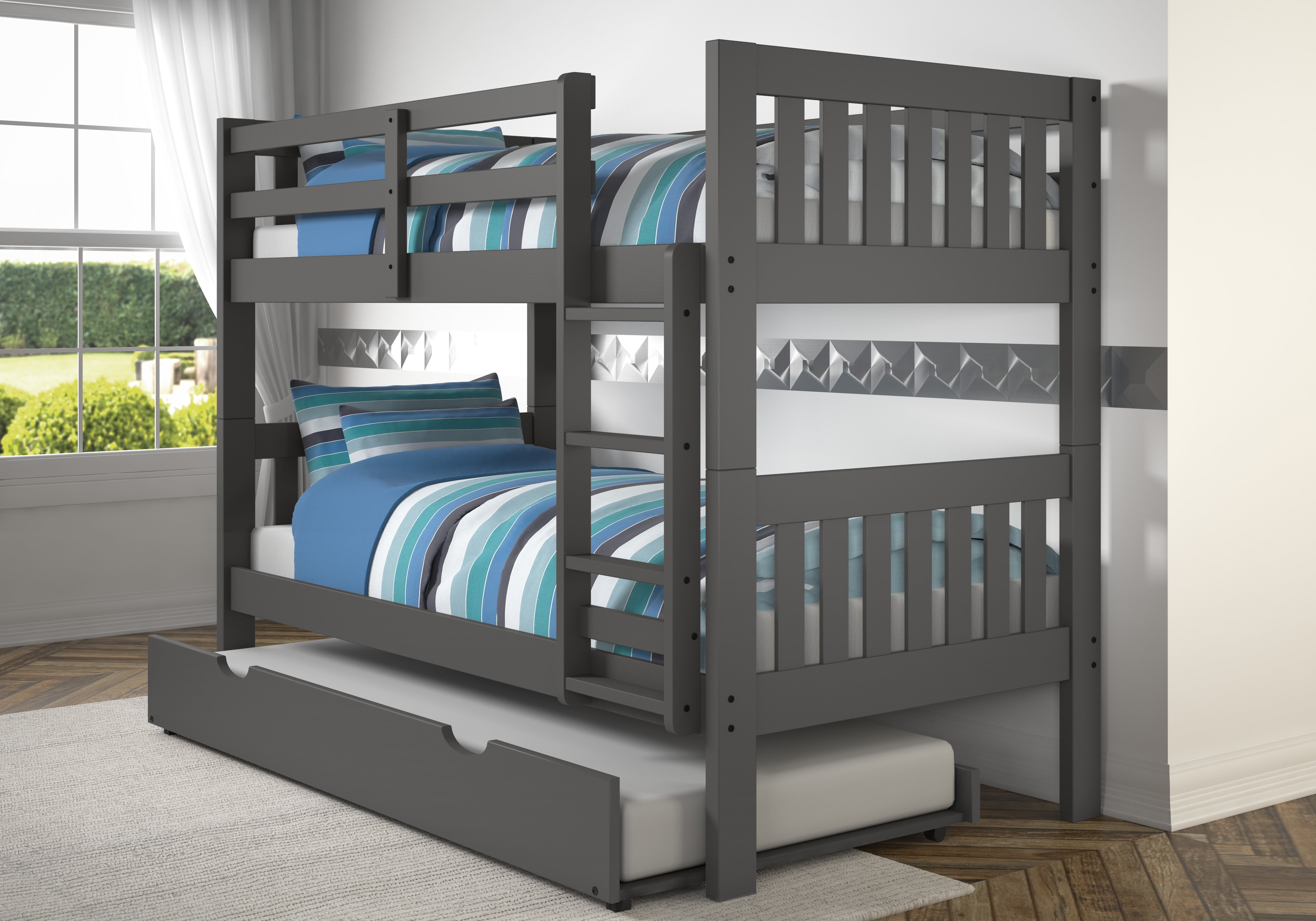 Donco Kids Twin over Twin Mission Bunk Bed with Pullout Twin Trundle, Dark Grey
