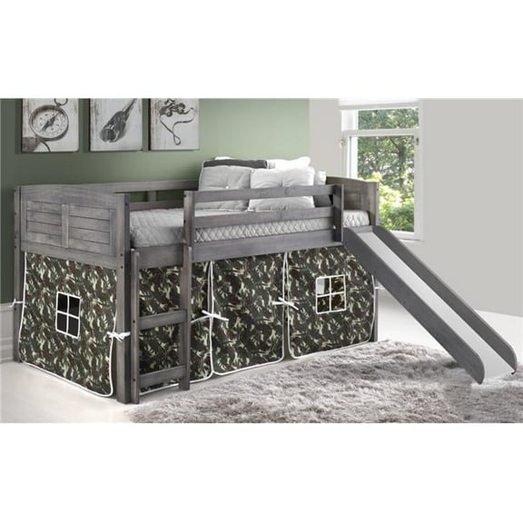 Donco PD-790AAG-C-785AG Twin Size Louver Low Loft with Slide & Camo Tent in Antique Grey