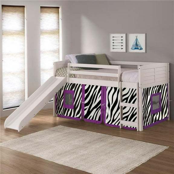 Donco PD-790ATW-Z-785W Twin Size Louver Low Loft with Slide & Zebra Tent in White