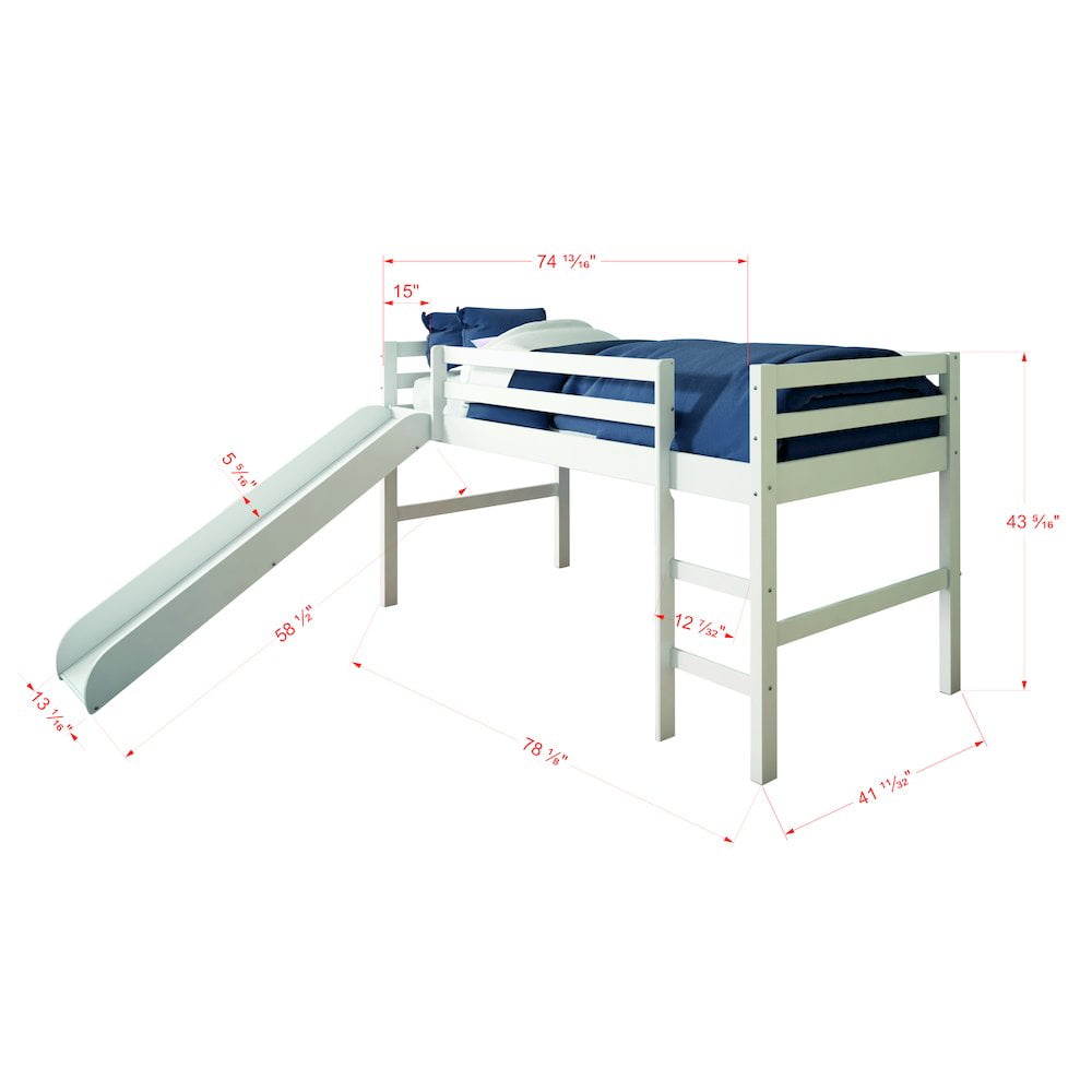 White Twin Pine Loft Bed with Blue Tent and Slide