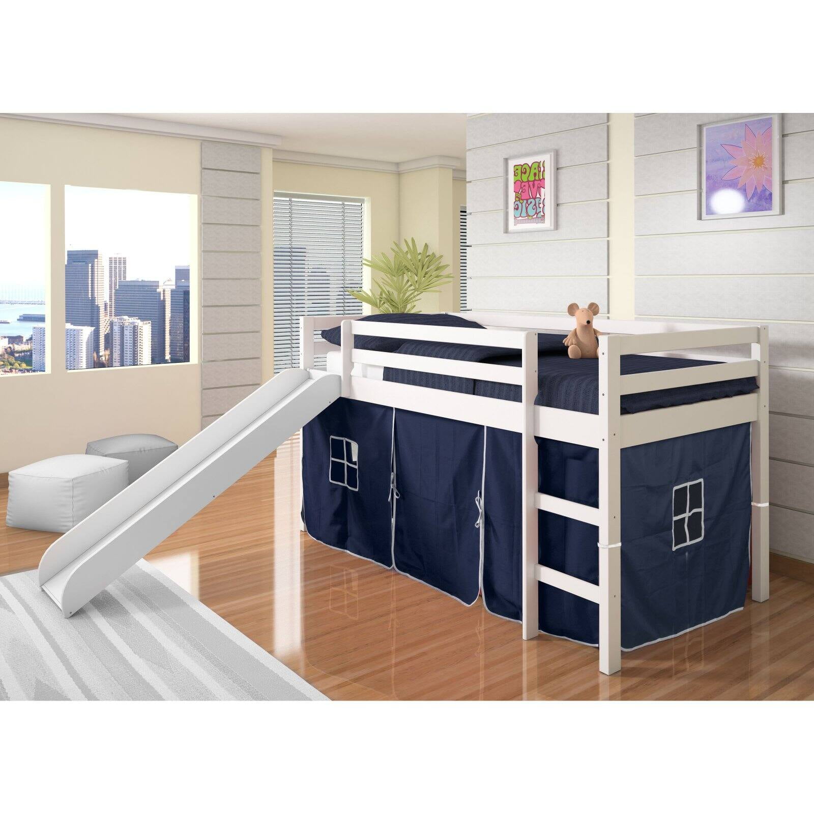 Donco Kids Twin Loft Bed with Blue Tent and Slide, White