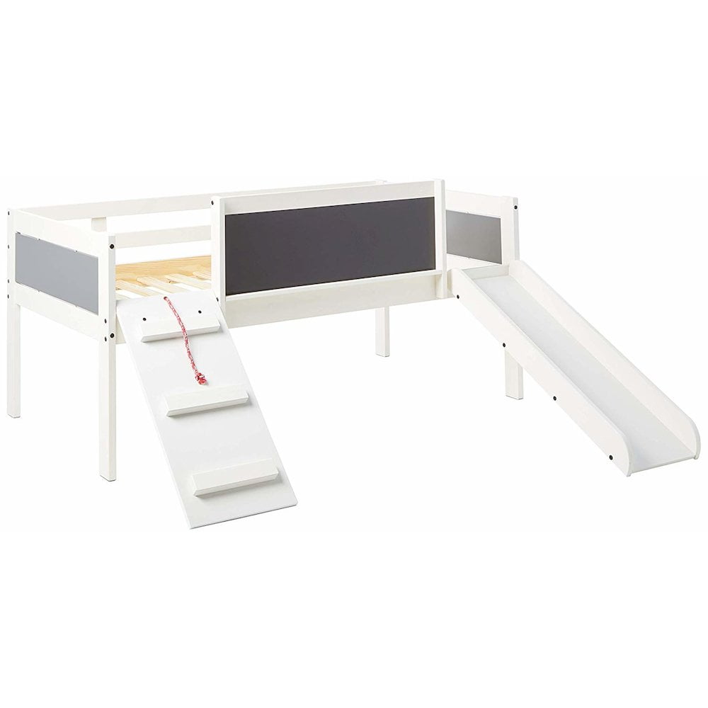 Twin Loft Bed with Storage Drawer and Playful Slide in White Wash Pine