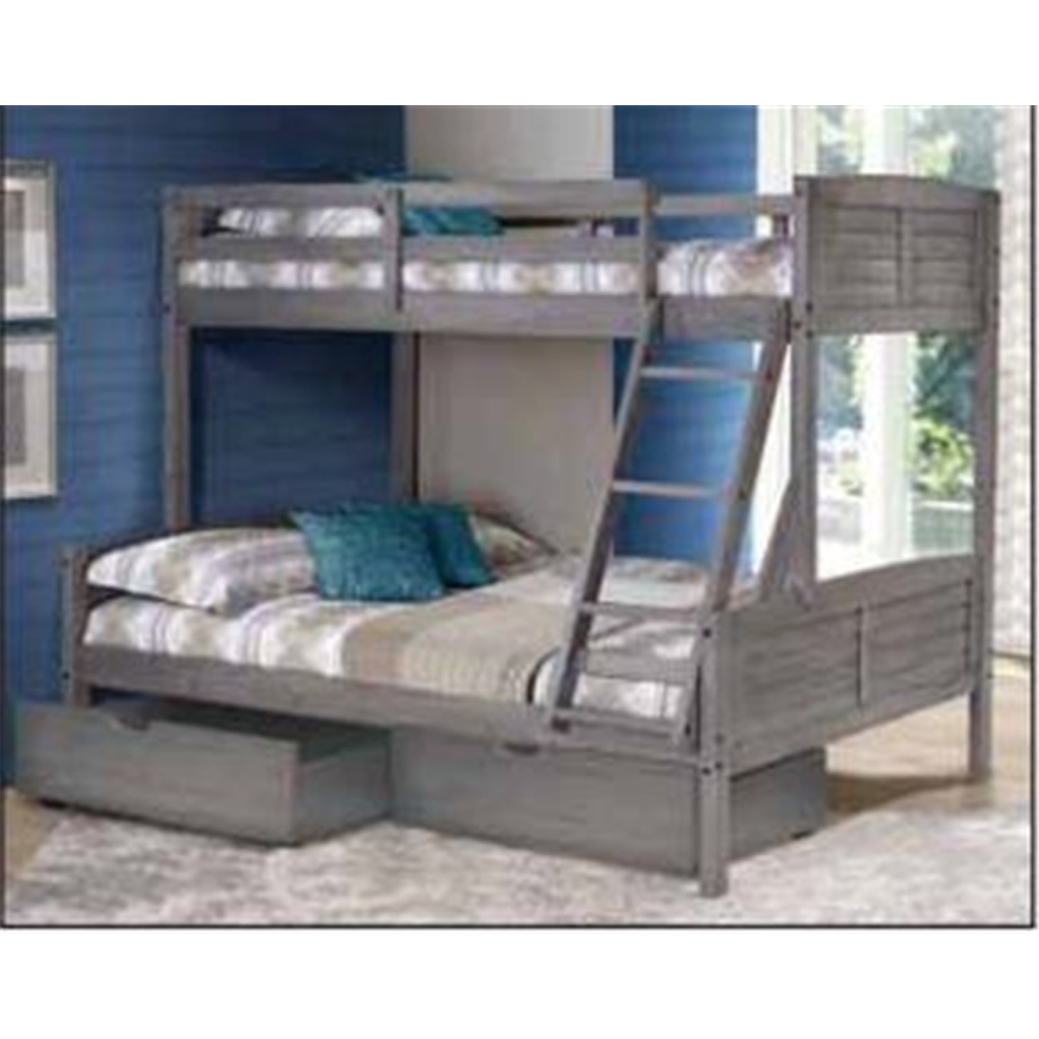 Donco Kids Louver Twin over Full Bunkbed with Dual Underbed Dreawers. Twin over Full, Antique Grey