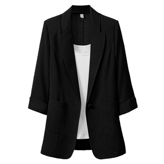DondPO Blazers for Women Cotton and Linen Medium Length Large Size Women's Suit Jcket Blazers for Women Business Casual Work Office Suit Jackets Black L