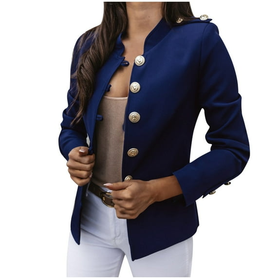 DondPO Blazers for Women Women Casual Slim Top Button Long Sleeve Stand Collar Solid Business Jacket Trendy Short Coat Blazers for Women Business Casual Work Office Suit Jackets Blue 3XL