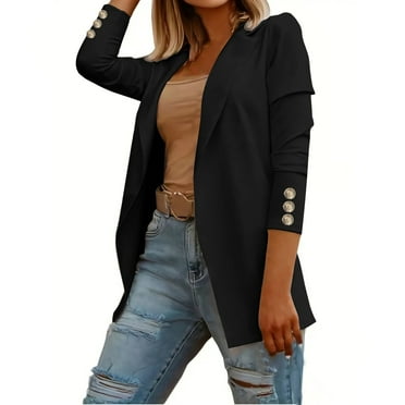 DondPO Blazers for Women Women's Autumn Solid Color Flip Tie Button Long Sleeved Suit Jacket Blazers for Women Business Casual Work Office Suit Jackets Black L Clearance！