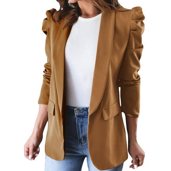 DondPO Blazers for Women Womens Casual Puff Sleeve Front Bussiness Jackets Work Suit wirh Pockets Womens Blazers Dressy Casual Casual Blazer for Women Brown L
