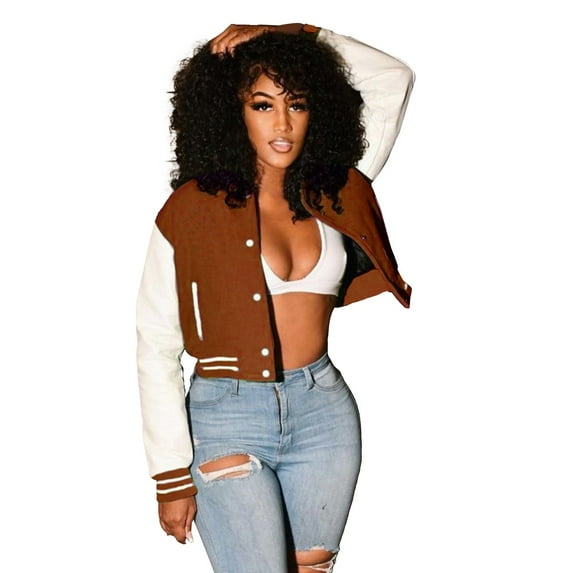 DondPO Bomber Jacket Women Fashion Women Autumn Casual Stand Collar Button Long Sleeve Pocket Coat Baseball Jackets Jackets for Women Trendy Floral Jackets for Women Brown 2XL