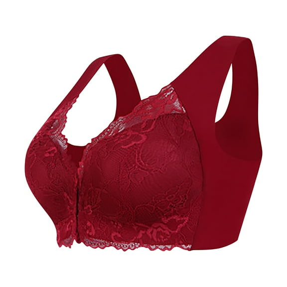 DondPO Bras for Women，Plus Size Front Closure Elastic Up Comfort Bra Women's Wirefree Lace Bra Everyday Bras For Women，Wirefree Bra，Supportive Bras For Women Red M