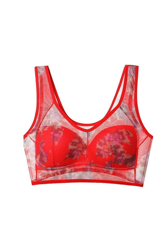 Bras for Women,Women's Thin Vest Upper Side Breasts Beautiful Back Large Size Bra Printed Mesh No Ring Bra,Push Up Bra,Plus Size Bras for Women Red 2XL