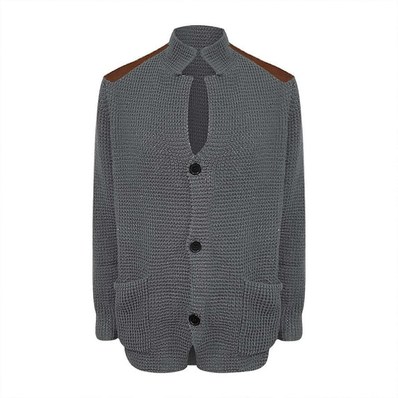DondPO Cardigan Men Mens Casual Button Cuff Shoulder Patch Slim Warm Sweater Cardigan Jacket Lapel Long Sleeve Knit Jacket Men's Cardigan Sweaters Mens Sweaters Gray 4XL