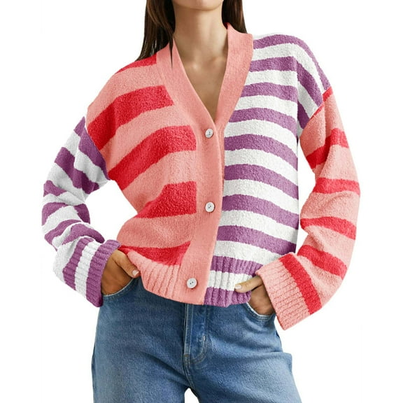 DondPO Cardigan Sweaters for Women Womens Striped Cardigan Sweaters V Neck Front Button Up Color Block Fuzzy Loose Knit Coats Sweaters for Women Womens Fall Fashion 2024 Red M