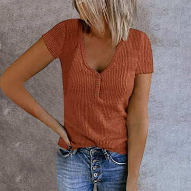 DondPO Crop Tops,Going Out Tops Women Casual Solid Color Top Shirt V Neck Button Short Sleeve Knit Splice Shirt Fashion Casual Soft Blouse Top Sexy Tops,Cute Tops,Summer Tops for Women 2024 Brown XL