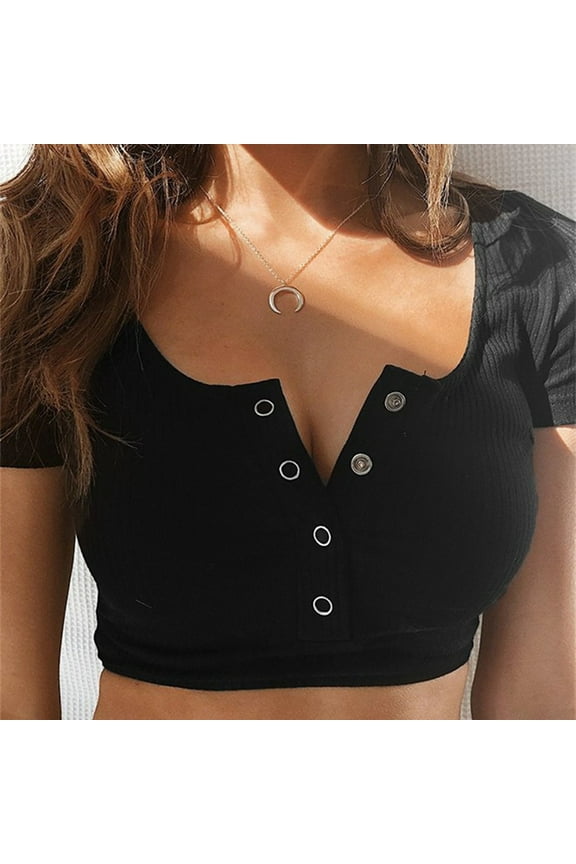 Crop Tops,Going Out Tops Womens Button Short Sexy Crop Round Top Tank Sexy Neck Blouse Slim Sleeve Top T-Shirt Women's Blouse Sexy Tops,Cute Tops,Summer Tops for Women 2024 Black M