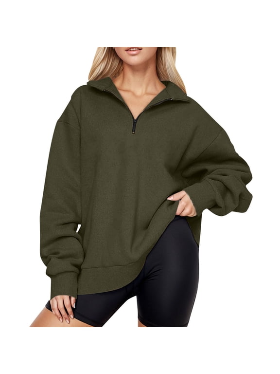 Essentials Hoodie Hoodies for Women Oversized Half Zip Pullover Sweatshirt Quarter Zip Hoodie Sweater Fall Blouse Clothes With Pockets Long Sleeve Shirts Sweatshirt for Women Army Green M