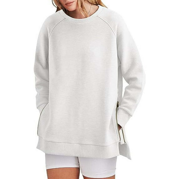 DondPO Essentials Hoodie Hoodies for Women Women's Sweatshirts Long Sleeve Tunic Tops Crew Neck Soft Pullover With Side Zipper Shirt Clothes 2023 Zip Up Hoodie Women Sweatshirt for Women White S